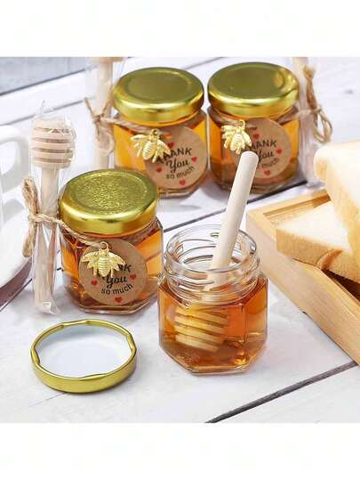 10 piezas Mini tarros de miel de vidrio hexagonales, tarros de miel de vidrio hexagonales pequeños de 1.5 oz con cuchara, colgante de abeja, tarjeta de agradecimiento - Tarros de miel con tapas doradas, adecuados para regalos de baby shower, bodas y favores de fiesta, tarros de almacenamiento de vidrio con tapas, tapas doradas, colgantes y cuerdas de yute, ideales para despedida de soltera, regalos de boda, ducha nupcial
