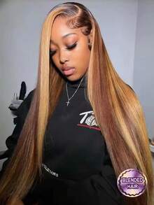 26英寸即戴即用无胶渐变色假发，13x4蕾丝前额假发，透明5*5蕾丝封顶，#4/27挑染假发，直发假发，真人前额发丝，高清蕾丝前额假发，预先拔毛，带婴儿发，200%密度，无胶混纺假发，适合女性日常佩戴 - SP4/27 - 查看 1