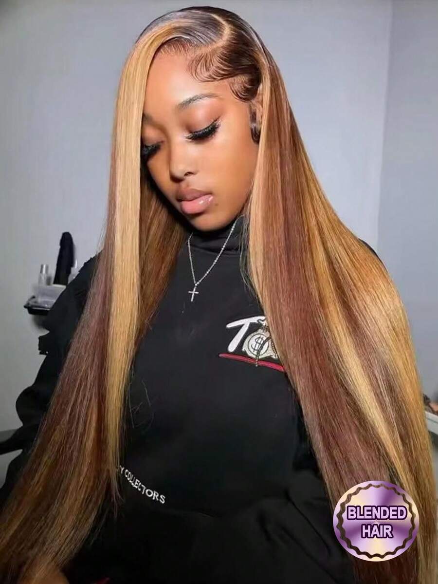 26英寸即戴即用无胶渐变色假发，13x4蕾丝前额假发，透明5*5蕾丝封顶，#4/27挑染假发，直发假发，真人前额发丝，高清蕾丝前额假发，预先拔毛，带婴儿发，200%密度，无胶混纺假发，适合女性日常佩戴 - SP4/27 - 查看 1