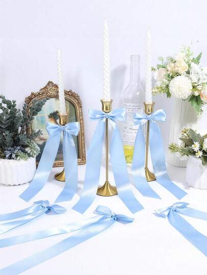 12pcs Romantic Candle Holders With Bow Decor, Blue Satin Ribbon Bow Decor, Elegant Bow Candle Center Decor, Satin Ribbon Bows, Retro Atmosphere Desktop Decor, Aesthetic Home Decor, Large Bow Decor Suitable For Party, Upscale Restaurant Candle Holders, Candlelight Dinner Decor, Self-Adhesive Desktop Candle Holders Gift Packaging, Party Banquet Tablecloth Design, Event Venue Bow Decor, Suitable For Birthday Party, Holiday, Wedding, Bridal Shower