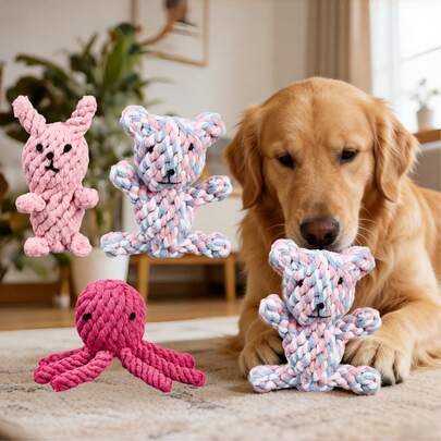 3pcs Cute Animal Shaped Cotton Rope Dog Toys, Chew Resistant Teeth Grinding Boredom Relief Toys, Bear, Rabbit, Octopus Knotted Toys For Small/Medium Dogs, Teddy/Golden Retriever, Dental Care & Interactive Companion Toys, Pet Supplies