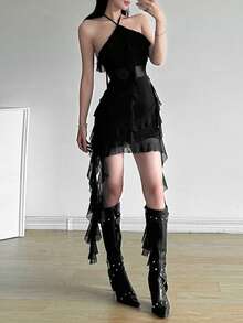 Top Dazzle 女士性感黑色针织吊带迷你连衣裙，半透明层叠裙摆，是参加派对和夜间外出的完美之选 - 黑色 - 查看 1