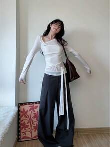 Áo thun dài tay dệt kim bất đối xứng mùa xuân mới dành cho nữ, trang phục mang phong cách Hàn Quốc. - trắng - Xem 5