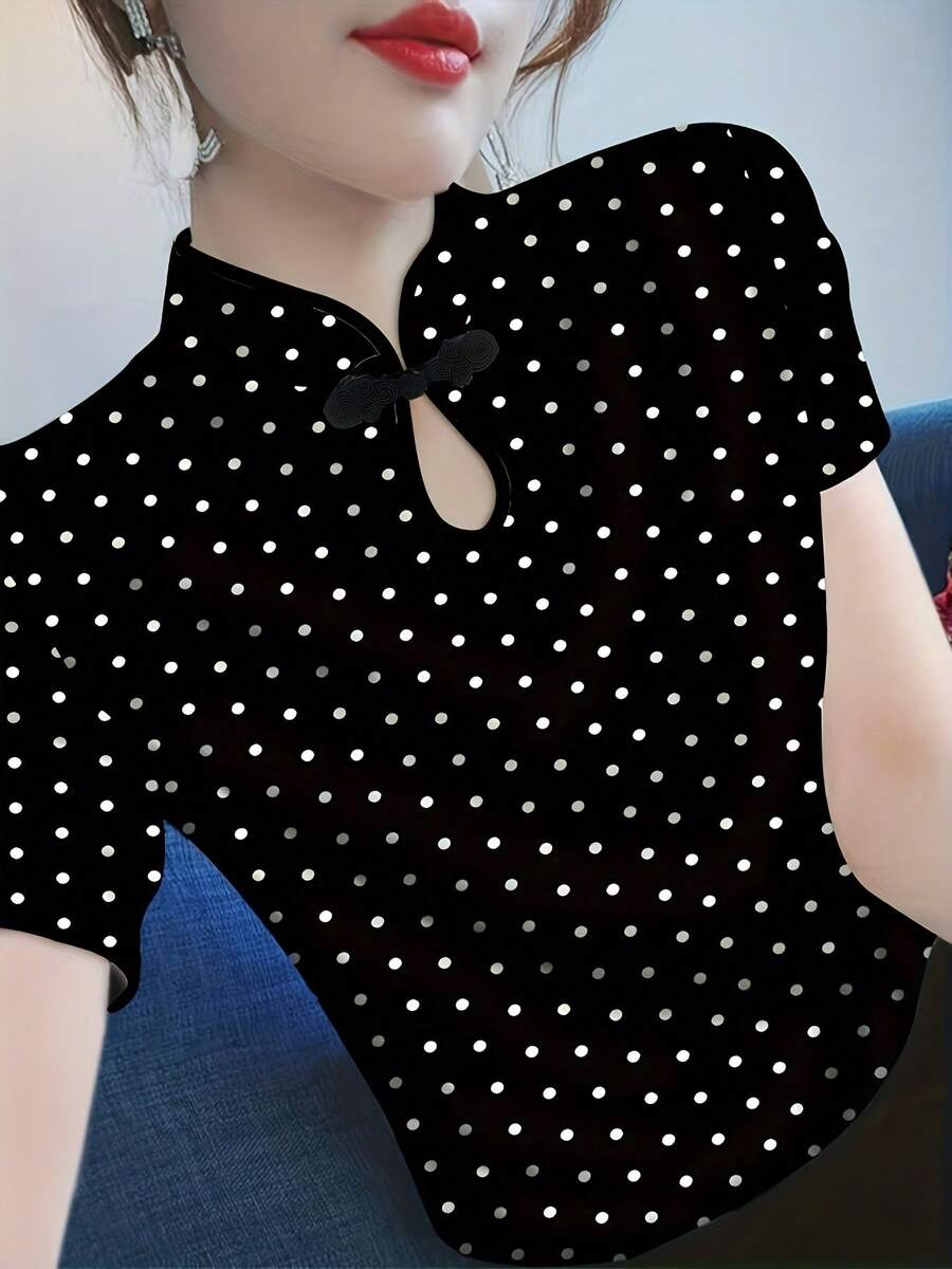 改良款旗袍领短袖T恤，新款夏季女式时尚印花修身打底衫 - 黑色 - 查看 1