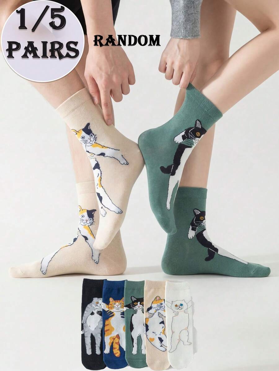 1/5 Pair (Random Delivery) Unisex Funny Cat Pattern Mid-Calf Socks, Eye-Catching And Unique For Spring/Autumn Daily Wear