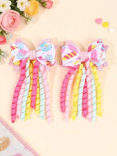 2pcs Colorful Ice Cream Hair Bows For Girls Pastel Curl Tassel Alligator Clips Cartoon Adorable Hair Clips Summer Barrettes Cute Sweet Daily Hairpins Teens Hair Accessories