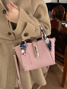 2pcs Spring New Fashion Litchi Grain PU 2-Piece Bag Set, Includes Handbag And Shoulder Bag, Minimalist Chic Commuter Style, Silk Scarf Bow Decor, Suitable For Women, Girls, Office Essential, Rivet Lace-Up Small Pendant Decor - Pink - View 6