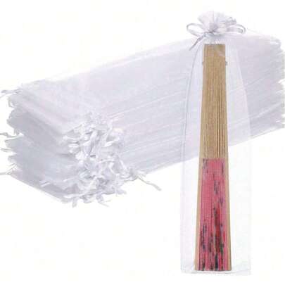 30个大号抽绳欧根纱袋装饰折叠手扇节日婚礼派对礼品糖果玩具袋（白色）