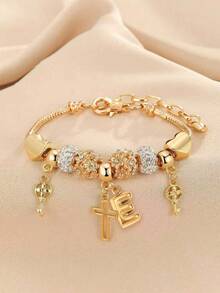 1pc 26 Letter, Heart, Cross, Flower Beaded Bracelet, Fashionable Youth Keychain, Cross Pendant Bracelet - Multicolor - View 62