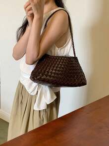Handmade Woven Bag, Niche High-End French Vacation Style Handbag, Casual Versatile Shoulder/Underarm Bag - Brown - View 4