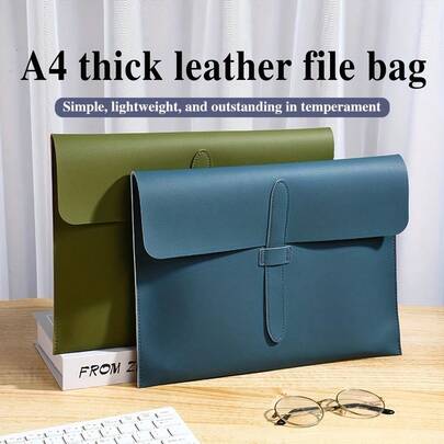 1  PCS A4 Thickened PU Stationery Bag With Lychee Pattern, Large-Capacity Anti-Drop Office Storage Bag.