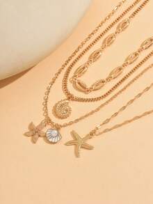 Set de 4 collares hechos a mano con conchas, diseño de colgante de estrella de mar y conchas de múltiples capas, adecuado para vacaciones en la playa, uso diario y fiestas, longitud de cadena ajustable - Multicolor - Ver 3