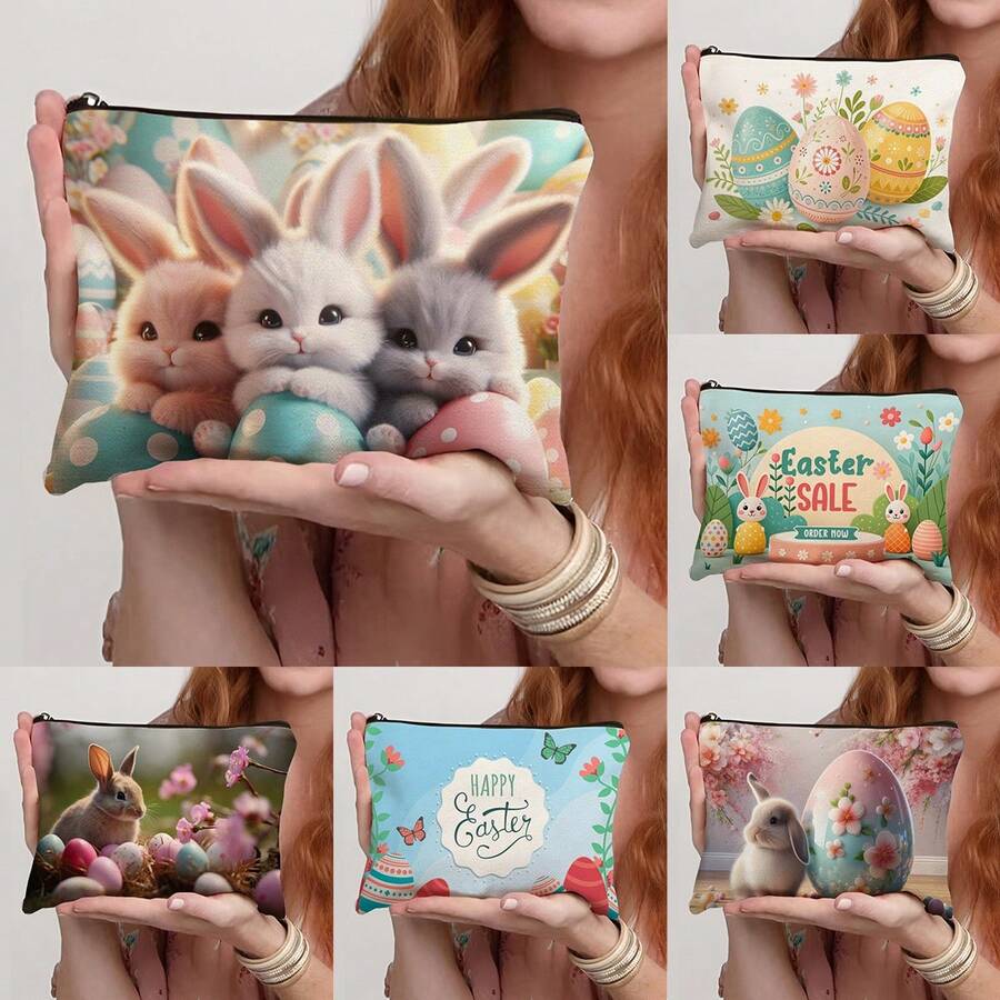 1个化妆包，兔子花帽复活节彩蛋图案，拉链封口，男女通用，多功能旅行收纳/日常使用，轻便可机洗，时尚洗漱包，情人节、婚礼、新年、生日礼物 - 彩色 - 查看 1