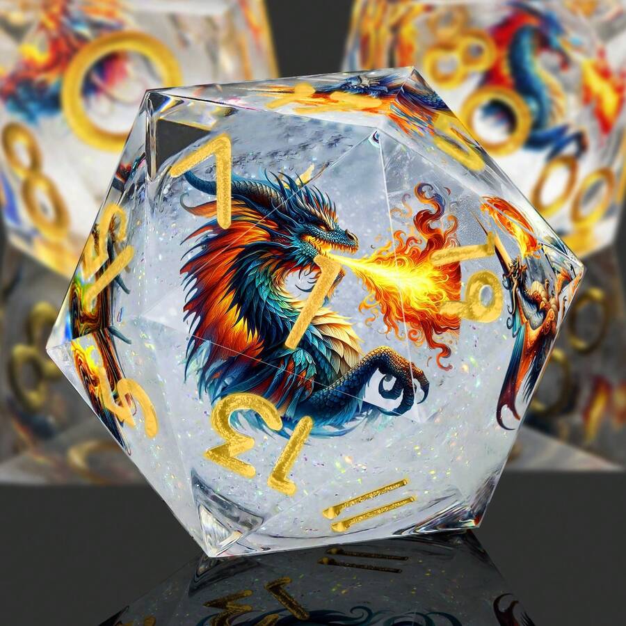 色彩缤纷的龙主题液态填充树脂骰子套装，金色字母，适用于角色扮演游戏和桌游，包含D20、D12、D100、D8、D6、D4，是万圣节、圣诞节、生日礼物的绝佳选择。
