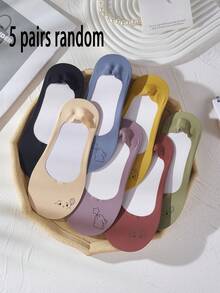 1/3/5 Pairs Women's Invisible Boat Socks, Breathable Non-Smelly, Silicone Non-Slip Heel, Cartoon Print Low-Cut Invisible Socks - Multicolor - View 16