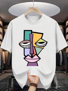 [Camiseta Gráfica Moderna] Camiseta Gráfica Moderna Morada |   Camiseta de Verano para Hombre, Casual, de Manga Corta, Lavable a Máquina, Estampado de Letras, Diseño de Cara Abstracta - Blanco - Ver 6