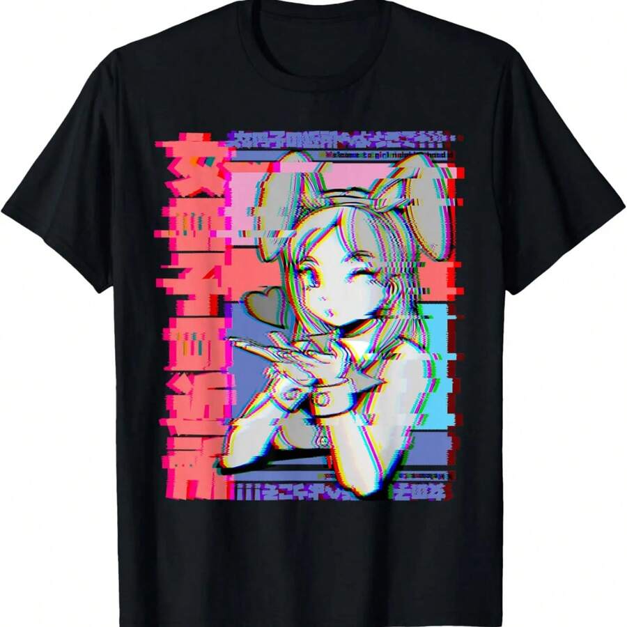 Vaporwave Aesthetic Japanese Retro Anime Girl T-Shirt - Black - View 1