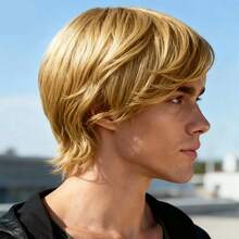 Tóc giả ngắn thẳng cho nam, dài 12 inch (cỡ trung bình #10 màu vàng), làm từ sợi tổng hợp, có mái xéo, chịu nhiệt. - Nhiều màu - Xem 7