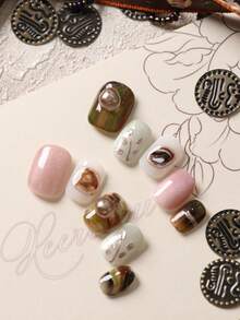 10pcs Press On Nails White Green Pink Golden Leaf Leaves Press On Nail Supplies Fake Nails Short Office DailyWear False Nails Artificial Nails Kit Includes 1sheet Adhesive Tabs &1 Pc Mini File Handmade Press On Nails - Multicolor - View 2