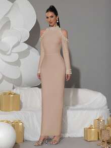 Elegant Black High Neck Cold Shoulder Maxi Dress With Pearl And Rhinestone Embellished Sleeves Bodycon Evening Gown For Party Wedding Guest - Apricot - View 4