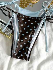 Women's Retro Polka Dot & Pork Chop Print Sexy Bikini Set, Light Blue & Brown Polka Dot Asymmetric A-Line Sleeveless Short Bikini, Suitable For Winter, Outings, Birthday, Casual, Millennium, Western Style, Nightclub, Beach - 藍棕色 - 查看 10