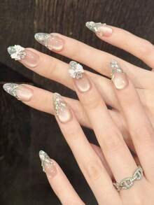 10片公主风手工美甲贴片，裸粉色，镶嵌粉色水钻和蝴蝶结宝石，长椭圆形，春夏亚克力假指甲，法式美甲，适合婚礼、新娘、音乐节等场合，附赠果冻胶和指甲锉，DIY美甲用品 - 淺粉色 - 查看 3