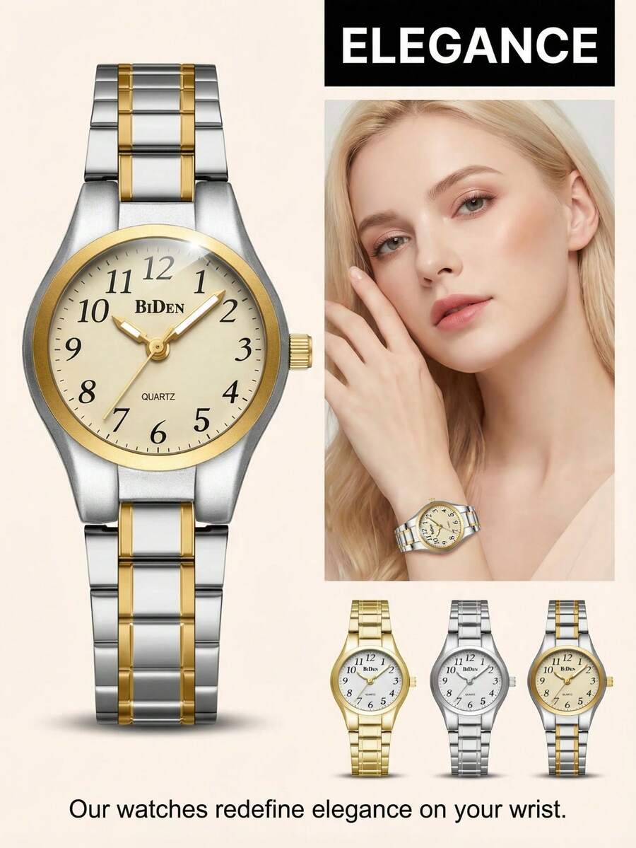 BIDEN 1 件女士防水手表，数字显示表盘，不锈钢表带，女士石英表 - 常規款 - 查看 1