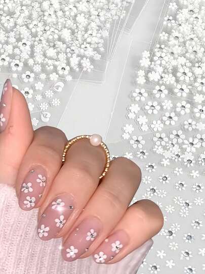 30 miếng dán móng tay hình hoa trắng đính đá, hình hoa trắng 3D tự dính, thích hợp để trang trí móng tay.