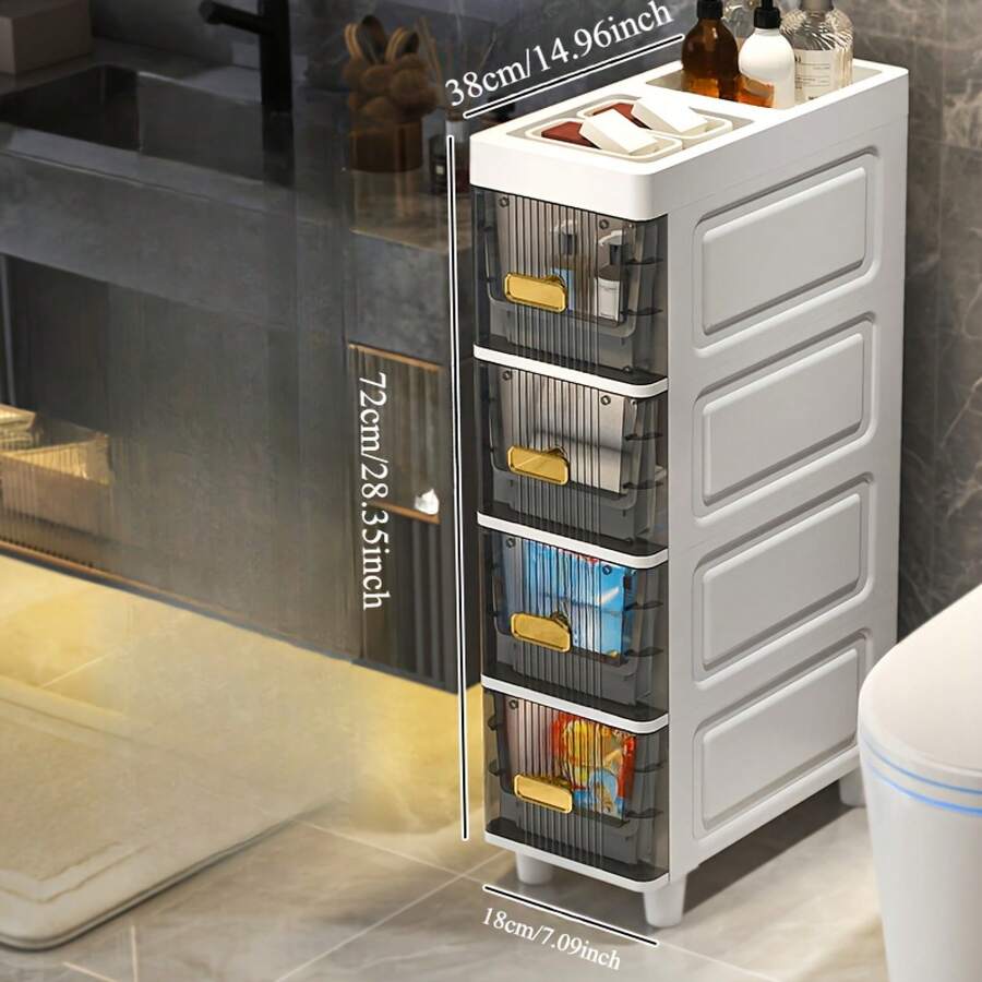 Deluxe Slim Storage Cabinet With Drawers - Durable Waterproof PP Material, Multi-Purpose Organizer With Ample Storage For Bathroom, Kitchen, Personal Care Product Dispensers, And More - Ideal For Small Spaces, Storage Drawer Units OQIE - 白色-4層 - 查看 1