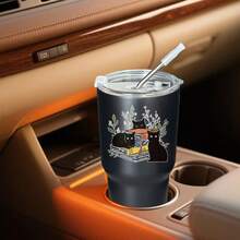 30oz Stainless Steel Tumbler Black White Options,  Cats Books Plants Flowers Design Graphic Cups, Insulated Travel Coffee Mug With Lid And Straw , Double Wall Vacuum Reusable Travel Cups, Funny Birthday Party Gift For Women & Men - 黑色 - 查看 2