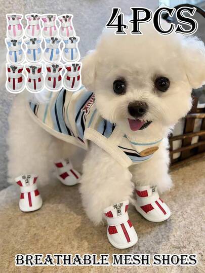 Breathable Mesh Pet Shoes, Non-Slip Dog Sports Shoes, Soft Sole, Zipper And Buckle Design, Summer Cooling Dog Boots, Adjustable, PU Material, Waterproof, Soft And Comfortable, Easy To Wear And Take Off, Suitable For Outdoor Activities To Protect Your Pet's Paws From Injury, Ideal For Walking, Hiking And Adventure