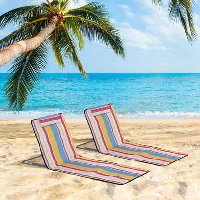 Beach Mat, Set Of 2, Foldable Beach Lounger With Headrest, 5-Level Height-Adjustable Beach Mattress With Carrying Bag, Steel, Multicoloured, 134 X 48 X 33-43 Cm