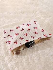 1个便携式化妆包，樱桃蝴蝶结图案双面印花，拉链旅行化妆品收纳袋，多功能洗漱用品收纳袋 - 彩色 - 查看 3