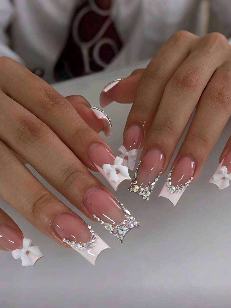 24pcs French Manicure Nail Stickers, Medium Square Gold Glitter Fresh Design Full Coverage Fake Nails, Suitable For Women And Girls Daily Wear - Multicolor - View 1