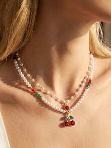2件套水晶樱桃珍珠项链套装，适合女士海滩、约会、派对佩戴 - 彩色 - 查看 2