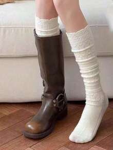 1 Pair Hollow Out Wool Blend Socks, Knitted Layered Mid-Calf Socks, Sweet & Versatile White Socks Autumn/Winter, Cozy Socks - 白色 - 查看 2