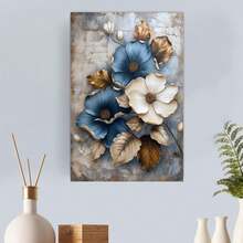 Blue White Flowers Gold Leaves Vintage Rustic Canvas Wall Art - Unframed Poster- Home & Office Decor For Living Room, Bedroom, Kitchen & Cafe - A - View 5