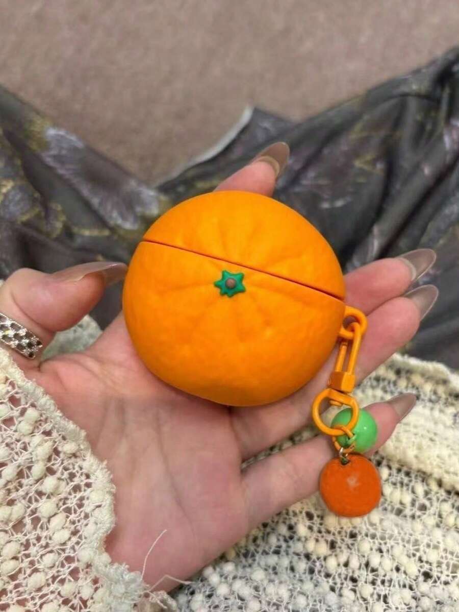 不对称造型硅胶创意3D橙色吊坠，适用于第四代保护壳，苹果耳机保护壳，适用于 Pro 2，无线蓝牙耳机保护套，适用于第一/二代，硅胶软壳，适用于第三代防摔耳机保护套（不含耳机），春季礼物，生日派对 - 橘色 - 查看 1