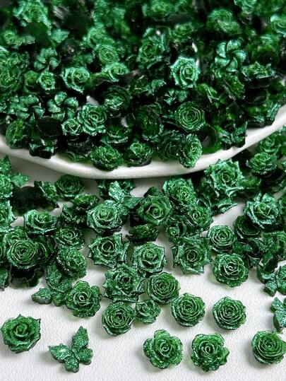 30Pcs Glitter Green Mini Rose Resin Charms Vintage Green Glitter Rose Resin Embellishments –For Nail Decor & Handmade Crafts DIY Jewelry & Nail Art Accessories