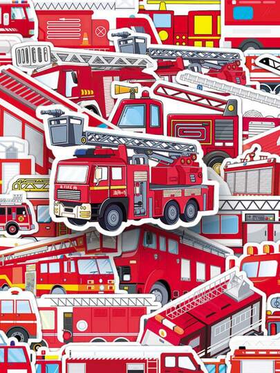 50张消防车贴纸，消防车玩具，消防车生日装饰，红色贴纸，车辆贴纸，卡通贴纸，趣味贴纸，防水乙烯基贴纸，适用于水瓶、笔记本电脑、手机、滑板、自行车、行李箱、吉他、剪贴簿用品、文具、Kindle等。