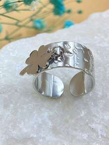 1pc Stainless Steel Four-Leaf Clover Adjustable Open Ring, Fashionable Personalized Couple Ring - Silver - View 4