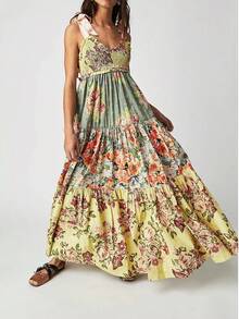 Women's Spring/Summer Bohemian Elegant Ditsy Floral Contrast Color Spaghetti Strap Backless Bow Tie Strap Maxi Dress, Fashion Boho Style High Waist Slimming Chiffon Floral Flowing Maxi Dress - Yellow - View 10