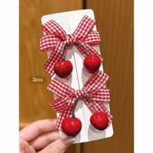 2pcs Cute Cherry Bow Hair Clips, Korean Fashion Hair Accessories Suitable For Everyday Use, Affordable, Hair Slide, Hair Barrettes, Head Accessories - 紅色 - 查看 6
