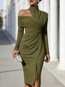 Ladies' French Summer Fashion Solid Color Elegant Asymmetric Design Olive Green Hanging Neck Off Shoulder Wrinkled Long Sleeve Off Shoulder Split Hip Wrapping Dress Elegance Slimming Medium Length Dress - xanh quân đội - Xem 1