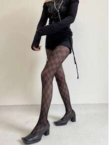 Women's Sheer Tights With Multiple Rhombus Patterns, Black, Japanese-Style Retro, Niche, Sweet And Cool, Jacquard, One-Piece, Early Autumn Thin Style - 黑色 - 查看 1