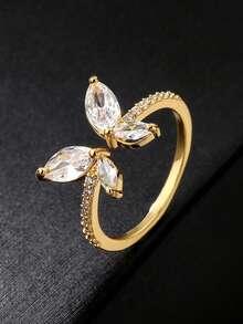 Bông tai hình hoa đính đá Cubic Zirconia thanh lịch - Nhẫn hình bướm đính đá Cubic Zirconia có thể điều chỉnh kích thước thời trang - Nhẫn hở hình hoa đôi sang trọng duyên dáng. - Vàng - Xem 6