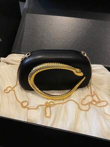 PU皮革手拿包，时尚优雅的方形晚宴包，正式派对包，礼服包，舞会礼服包，链条包，婚礼包 - 黑色 - 查看 11