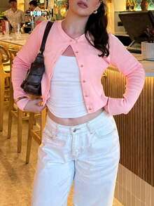 FOR BEAUTY Top de punto para mujer primavera/verano, estilo casual minimalista, adecuado para uso diario, ir al trabajo y citas, top de verano, top amarillo, top de salida para mujer - Polvo de loto - Ver 4