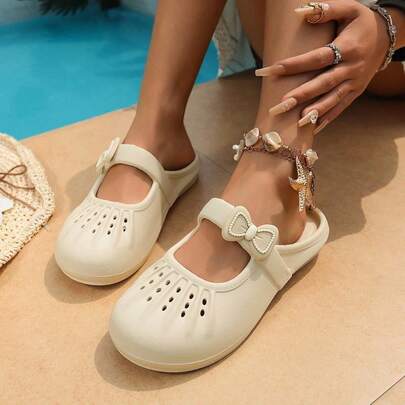 Cute Bow Slip-On Mules, Breathable Hollow-Out Casual Slip-On Sandals For Women