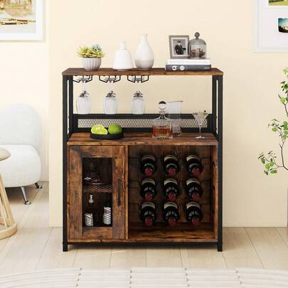  COSTWAY Bar Cabinet, Freestanding Wine Cabinet With Wine Rack, Glass Holder, Storage, Industrial Coffee Bar & Sideboard Buffet Cabinet With Mesh Door For Dining Room, Living Room, Rustic Brown